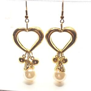 Gold-Tone Dangle Drop Puff Hearts with Faux‎ Pearl and Gold Beads